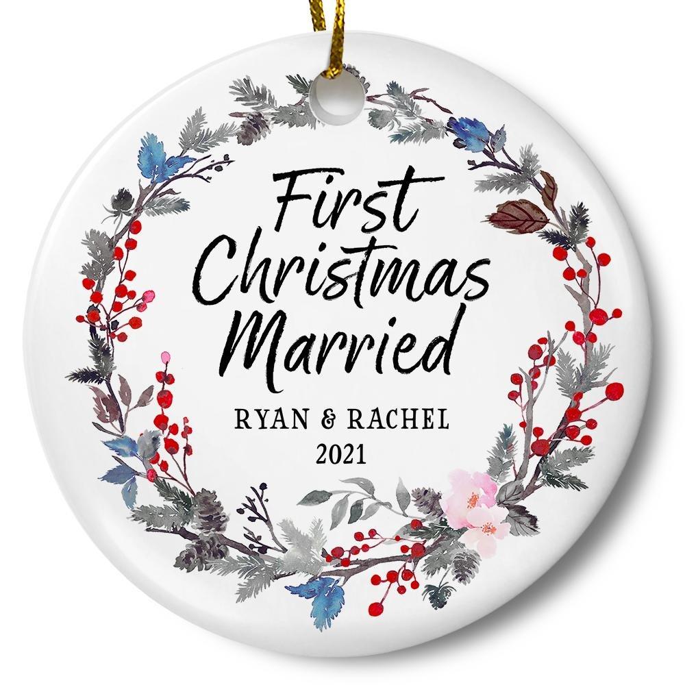 Personalized First Christmas Married Ceramic Ornament Gift For Home Decoration Circle Heart Oval Star Shape