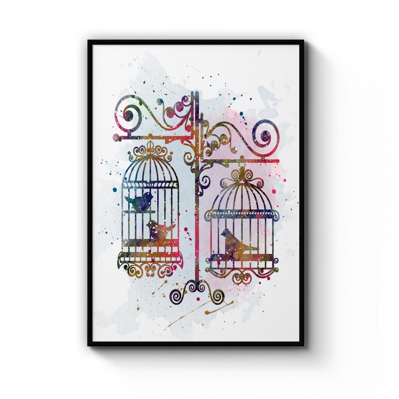 Birds In Cages Painting Small Bird Lover Minimal White Background , Poster Prints Wall Art Gift For Home Decoration 12x18 16x24 20x30 24x36 Inches