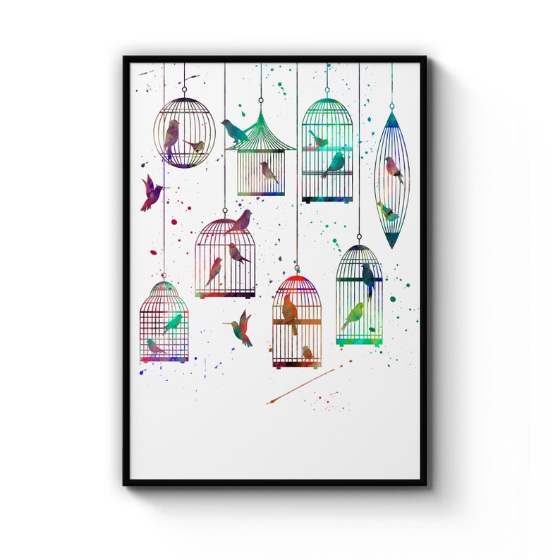 Birds In Cages Pet Bird Lover Colourful Nursery Animal Poster Prints Wall Art Gift For Home Decoration 12x18 16x24 20x30 24x36 Inches