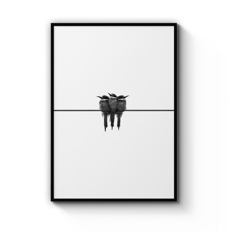 Birds On A Wire Minimal Drawing White Background Bird Gift , Poster Prints Wall Art Gift For Home Decoration 12x18 16x24 20x30 24x36 Inches