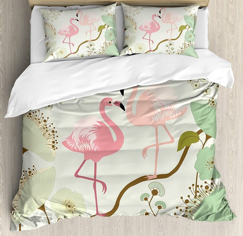 Blossoming Floral Background With Pair Of Flamingos On Tree Branch Bedding Comforter Set For Bedroom