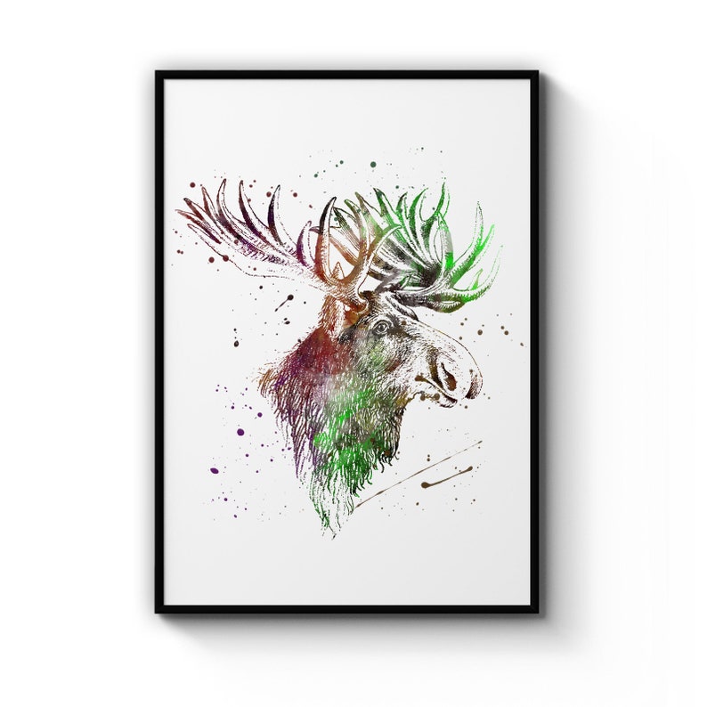 Colorful Moose Head Majestic Nursery Minimal Nature Wildlife Portrait Animal Gift Poster Prints Wall Art Gift For Home Decoration 12x18 16x24 20x30 24x36 Inches
