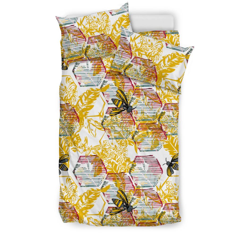 Cool Bee Honeycomb Leaves Pattern Bedding Comforter Set