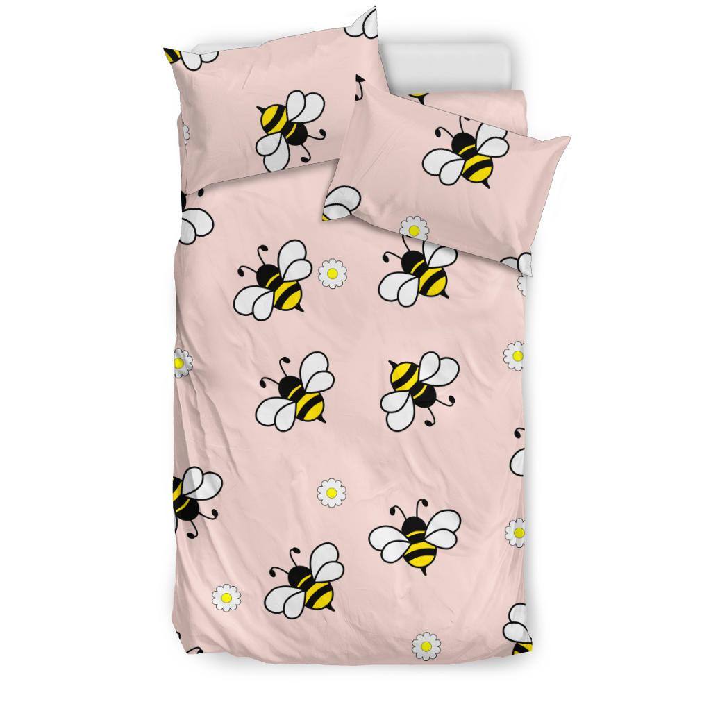 Cute Bee Flower Pattern Pink Background Bedding Comforter Set