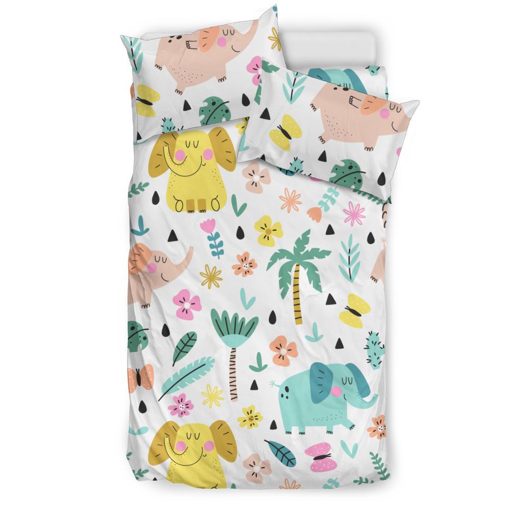 Cute Elephants Palm Tree Flower Butterfly Pattern Bedding Comforter Set