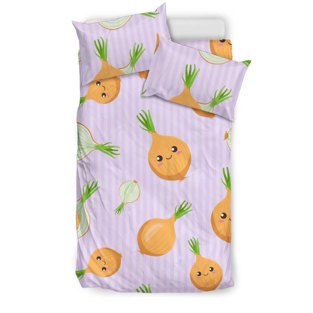 Cute Onions Smiling Faces Purple Background Bedding Comforter Set