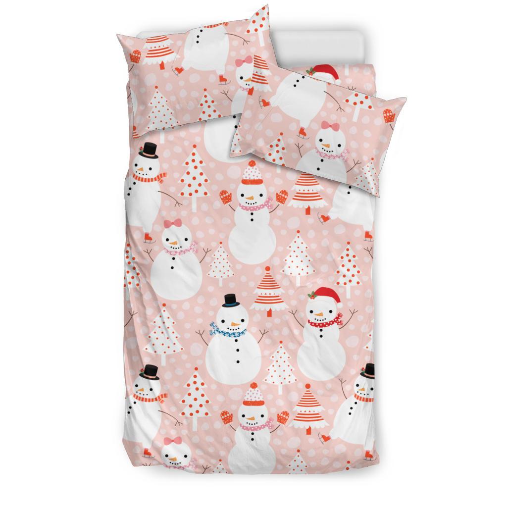 Cute Snowman Christmas Tree Snowpink Background Bedding Comforter Set