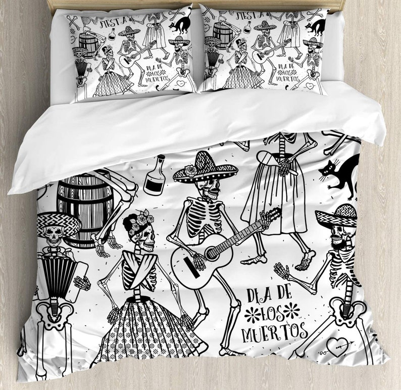 Day Of The Dead Dancers Themed Woman And Man Skeleton Playing Music Bedding Comforter Set For Bedroom