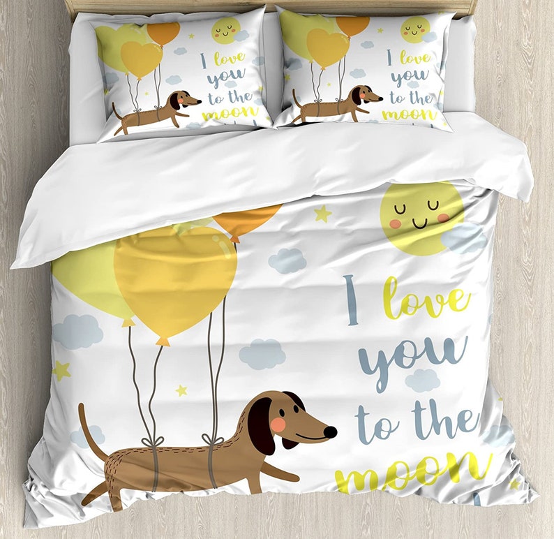 Dog With Balloons And Hearts Sun Clouds Puppy Baby Best Friends Bedding Comforter Set For Bedroom