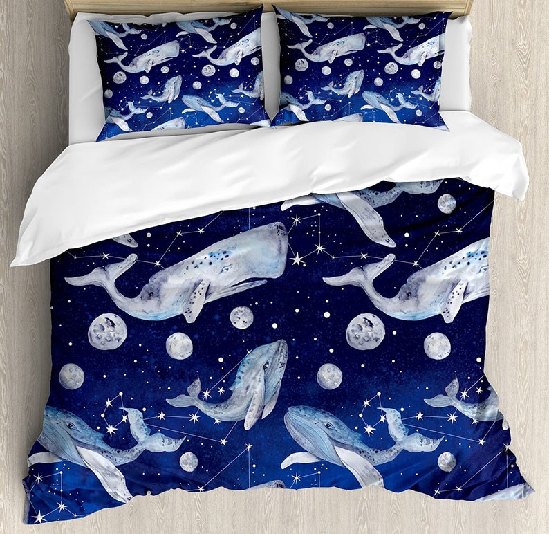 Fishes And Planets Hovering Amongst Stars In Outer Space Cosmos Illustration Bedding Comforter Set For Bedroom
