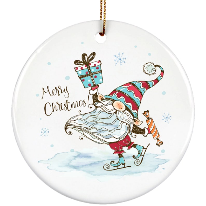 Gnomes Merry Christmas Gnome Present Ice Skating Keepsake Ceramic Ornament Gift For Home Decoration Circle Heart Oval Star Shape