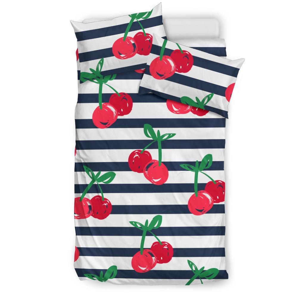 Hand Drawn Cherry Pattern Striped Background Bedding Comforter Set