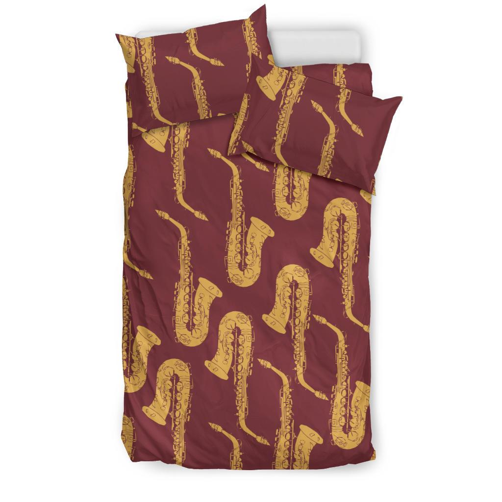 Hand Drawn Gold Saxophone Red Background Bedding Comforter Set