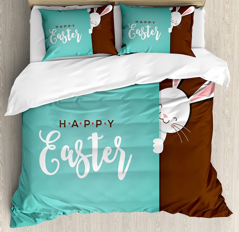 Happy Easter Bunny Looking From The Edge Of Blue Background Peekaboo Animal Bedding Comforter Set For Bedroom