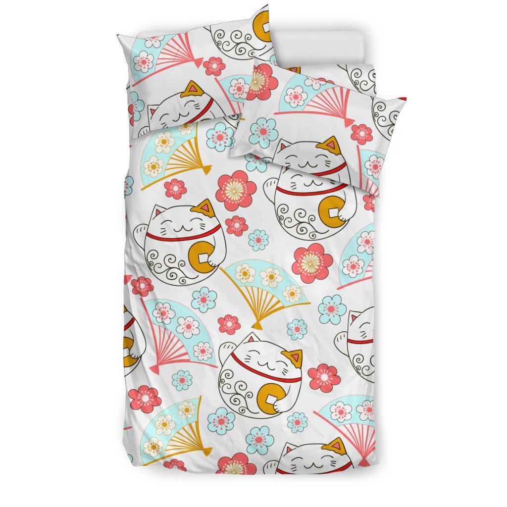Maneki Neko Lucky Cat Fan Sakura Bedding Comforter Set