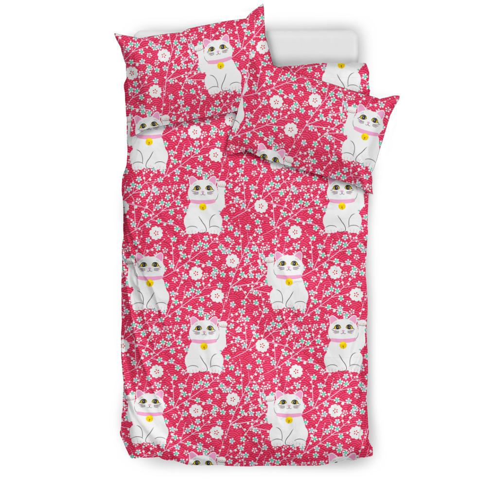 Maneki Neko Lucky Cat Sakura Pink Background Bedding Comforter Set