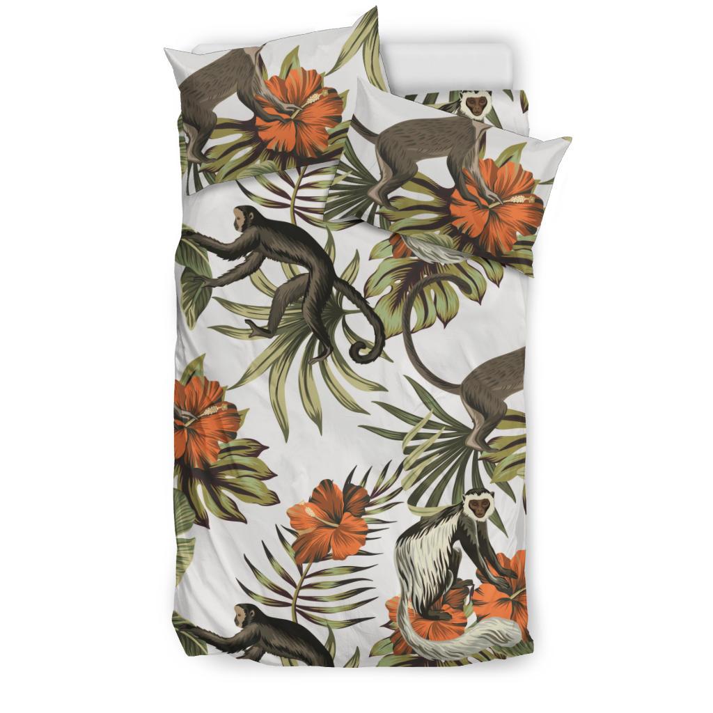 Monkey Red Hibiscus Flower Palm Leaves Floral Pattern Bedding Comforter Set