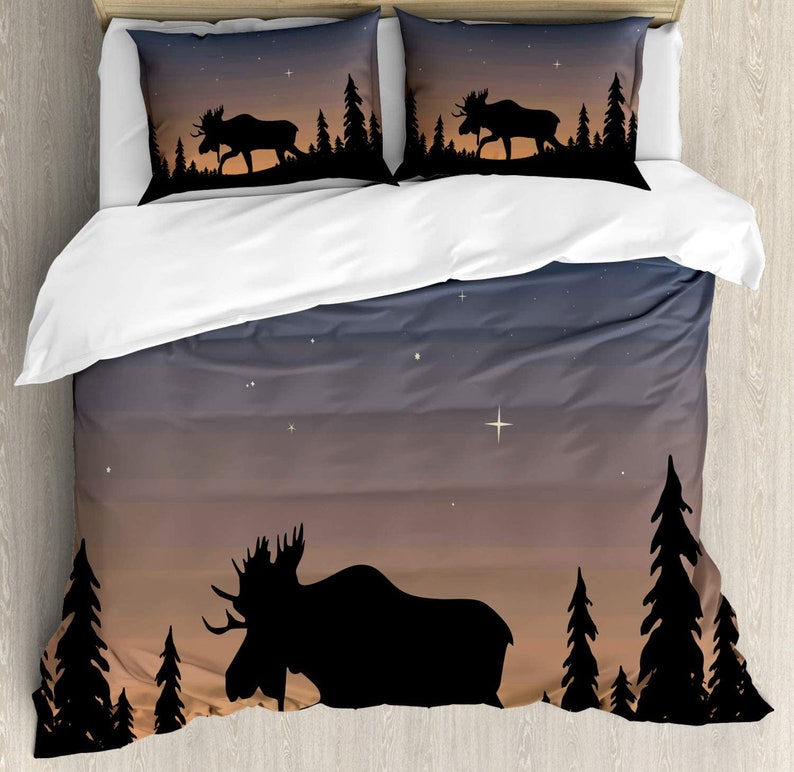 Moose And Tree Silhouettes On Ombre Starry Twilight Bedding Comforter Set For Bedroom