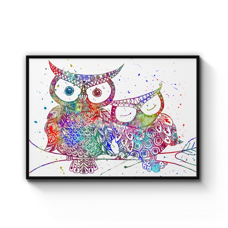 Owl Couple Colorful Love Romantic Nursery Animal Poster Prints Wall Art Gift For Home Decoration 12x18 16x24 20x30 24x36 Inches