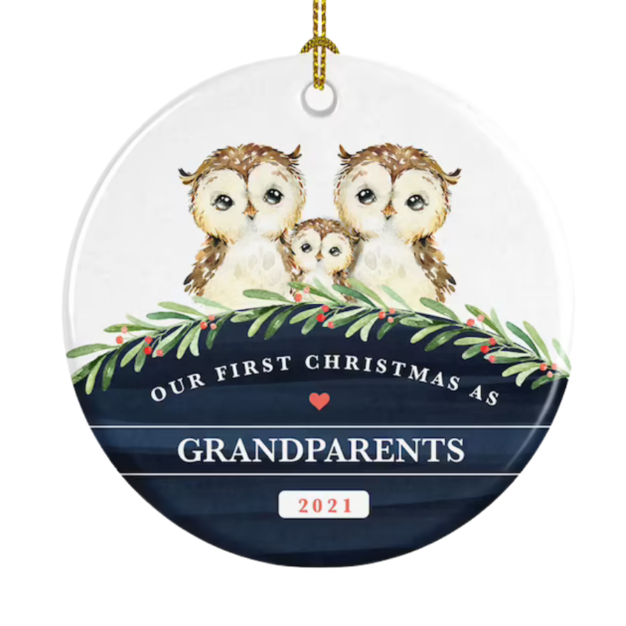 Owl Family Our First Christmas As Grandparents Ceramic Ornament Gift For Home Decoration Circle Heart Oval Star Shape