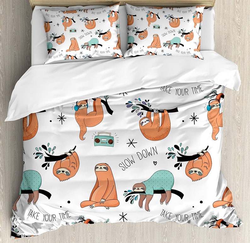 Pattern With Hand Drawn Sloths On Branches Laziness Mood Words Fun Bedding Comforter Set For Bedroom