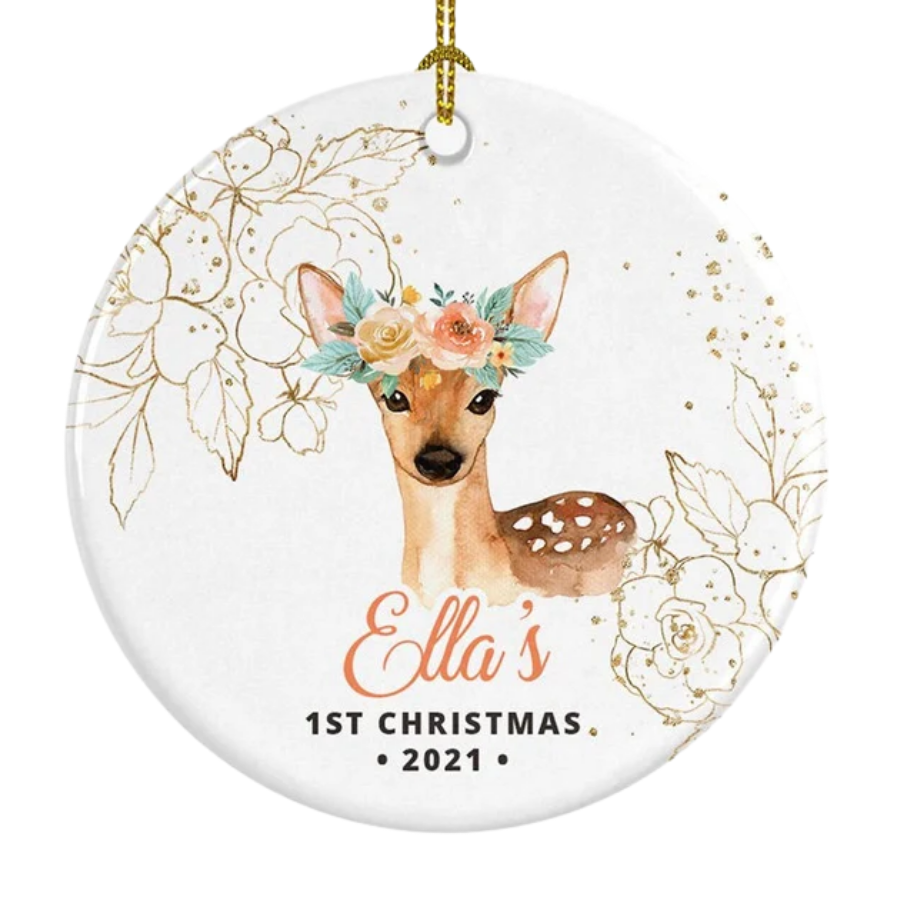 Personalised Baby Girl's First Christmas Deer Ceramic Ornament Gift For Home Decoration Circle Heart Oval Star Shape