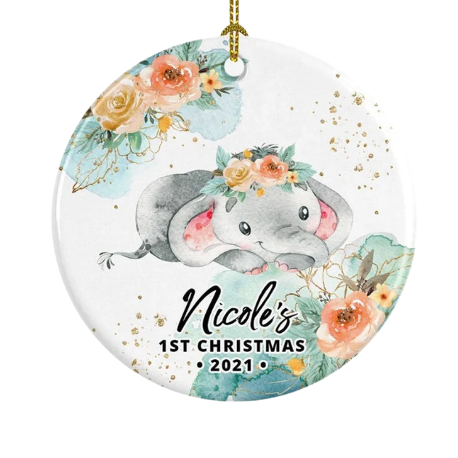 Personalised Baby's First Christmas Baby Elephant Ceramic Ornament Gift For Home Decoration Circle Heart Oval Star Shape