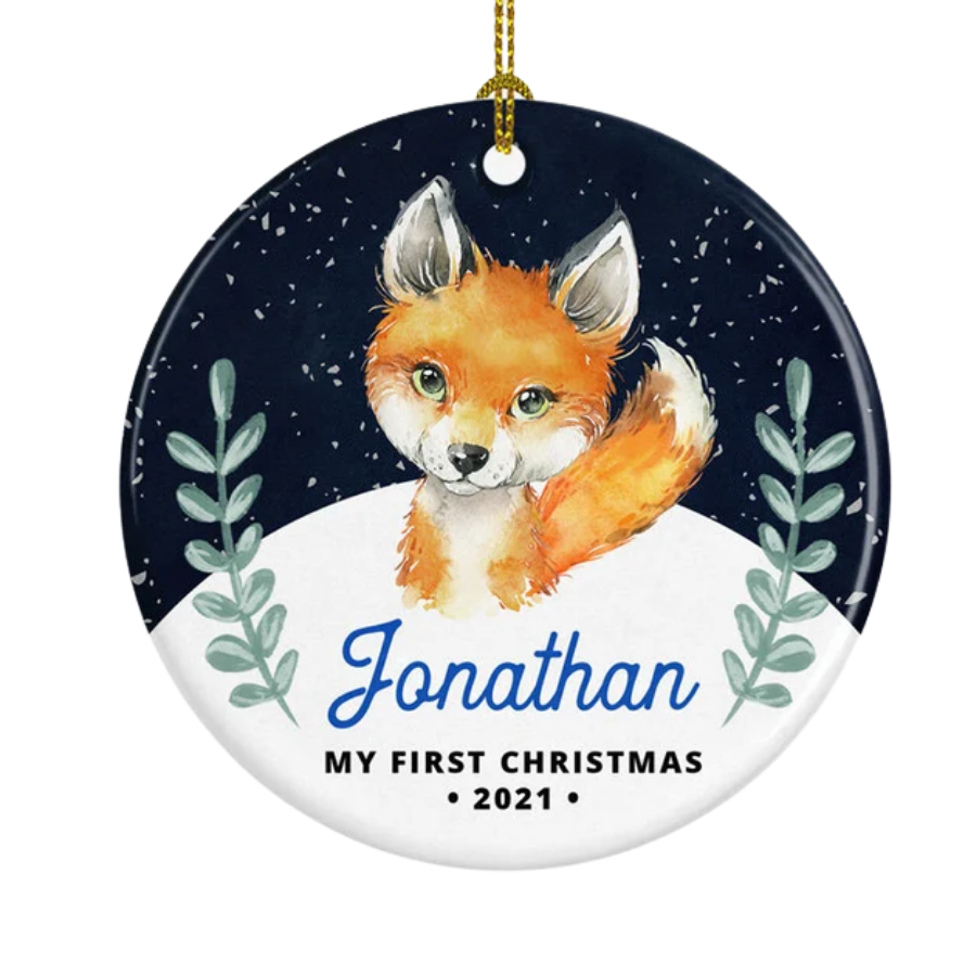 Personalised Baby's First Christmas Baby Fox Ceramic Ornament Gift For Home Decoration Circle Heart Oval Star Shape