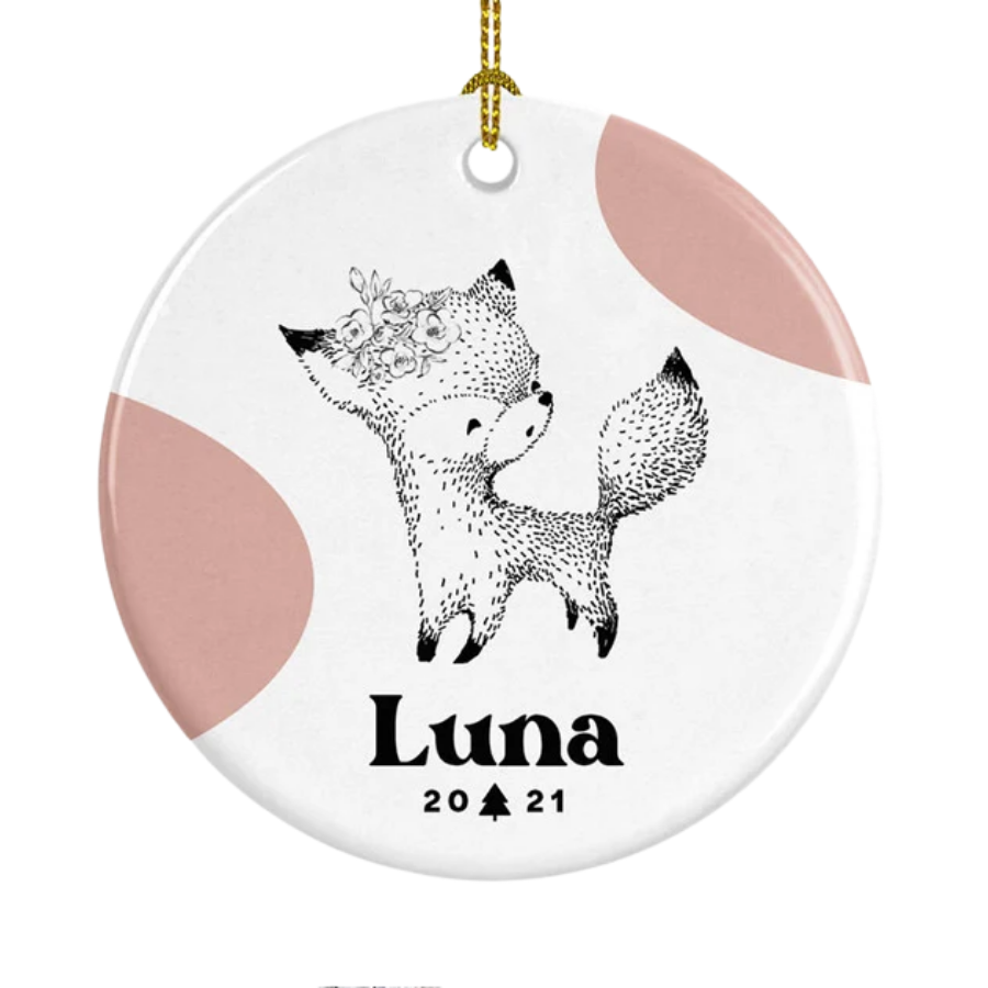 Personalised Baby's First Christmas Baby Fox Ceramic Ornament Gift For Home Decoration Circle Heart Oval Star Shape
