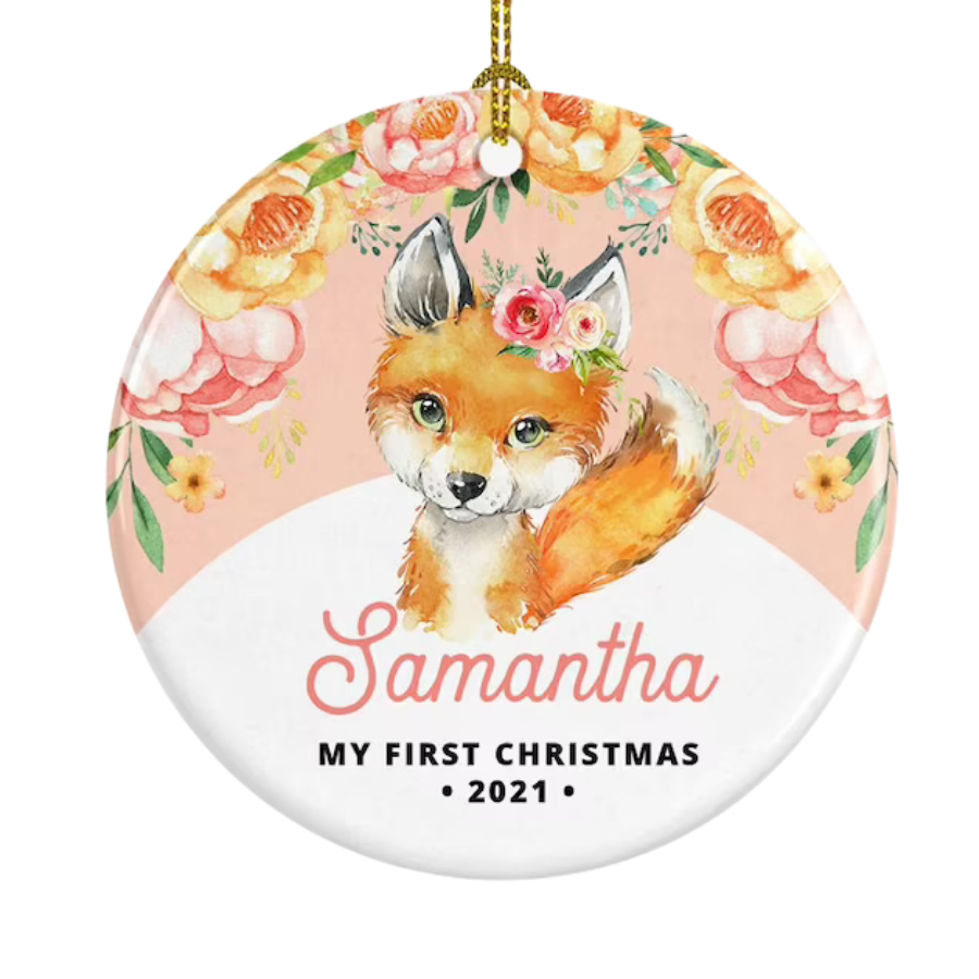 Personalised Baby's First Christmas Baby Fox Floral Ceramic Ornament Gift For Home Decoration Circle Heart Oval Star Shape