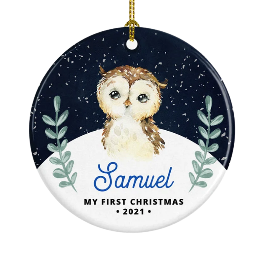 Personalised Baby's First Christmas Baby Owl Ceramic Ornament Gift For Home Decoration Circle Heart Oval Star Shape
