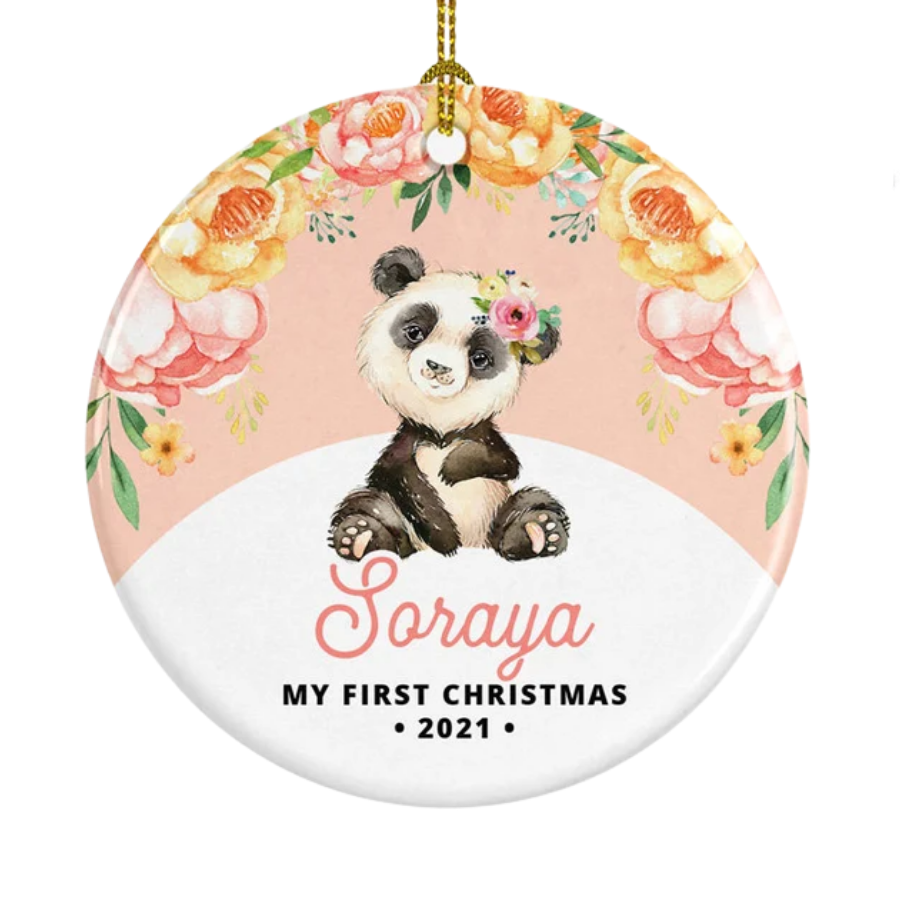 Personalised Baby's First Christmas Baby Panda Ceramic Ornament Gift For Home Decoration Circle Heart Oval Star Shape