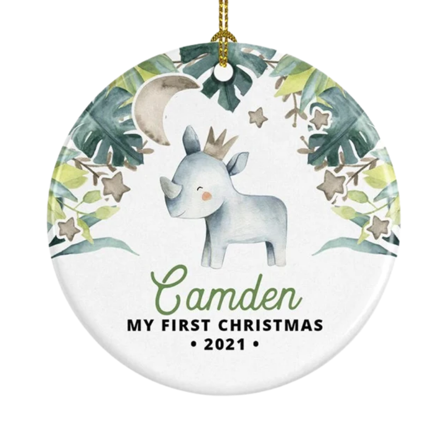 Personalised Baby's First Christmas Baby Rhino Ceramic Ornament Gift For Home Decoration Circle Heart Oval Star Shape