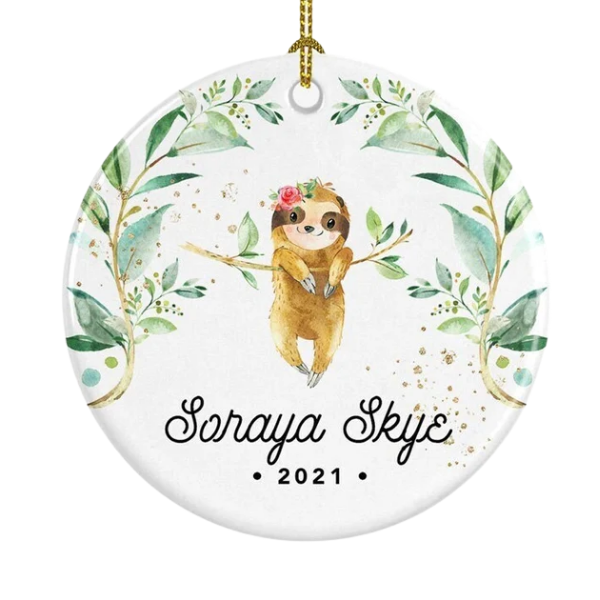 Personalised Baby's First Christmas Baby Sloth Ceramic Ornament Gift For Home Decoration Circle Heart Oval Star Shape