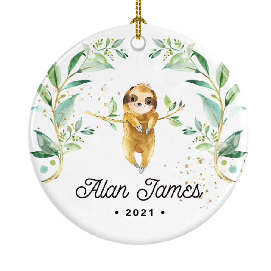Personalised Baby's First Christmas Baby Sloth Ceramic Ornament Gift For Home Decoration Circle Heart Oval Star Shape