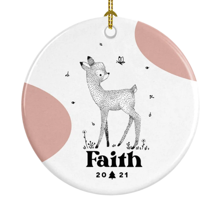 Personalised Baby's First Christmas Fawn Ceramic Ornament Gift For Home Decoration Circle Heart Oval Star Shape