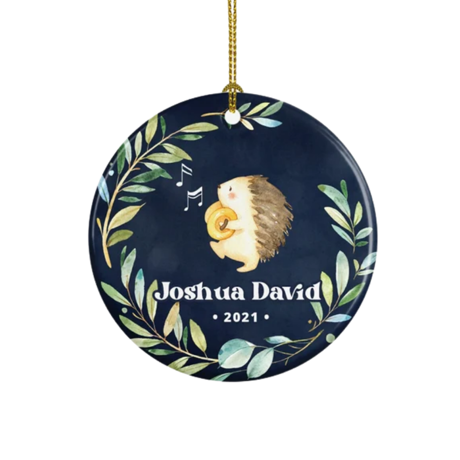 Personalised Baby's First Christmas Hedgehog Ceramic Ornament Gift For Home Decoration Circle Heart Oval Star Shape
