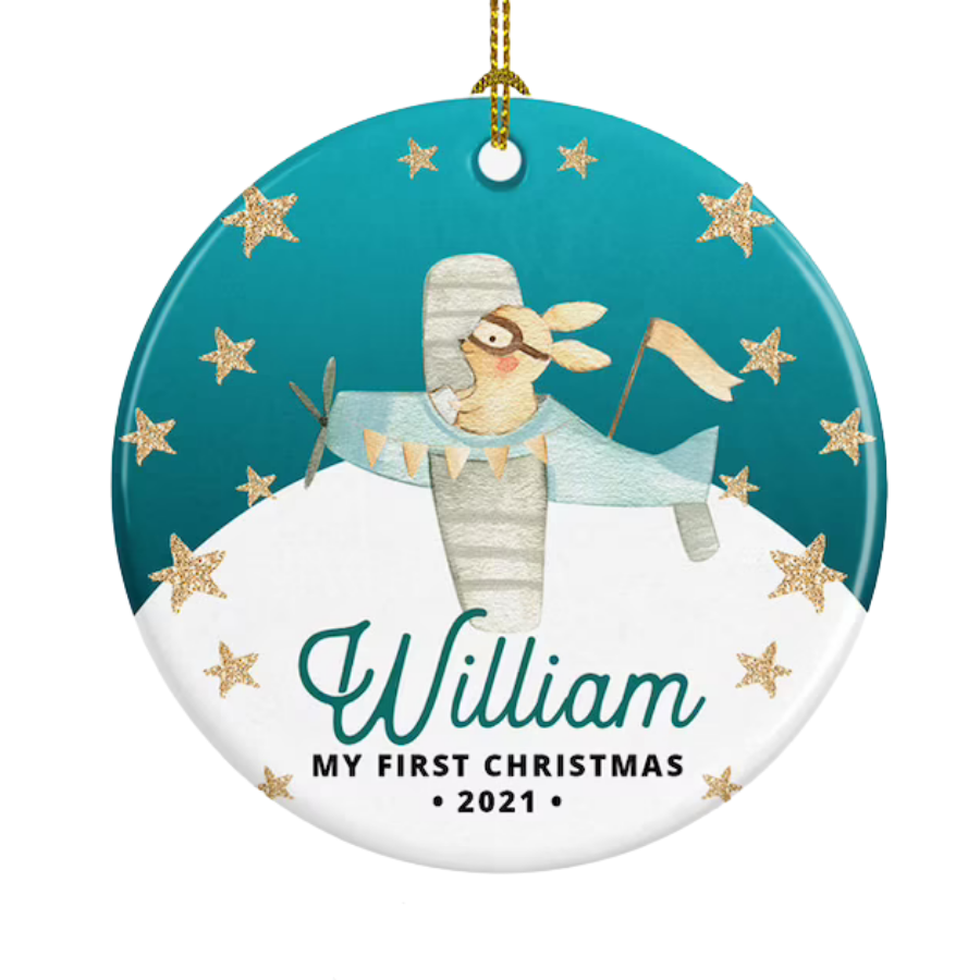 Personalised Baby's First Christmas Plane Ceramic Ornament Gift For Home Decoration Circle Heart Oval Star Shape