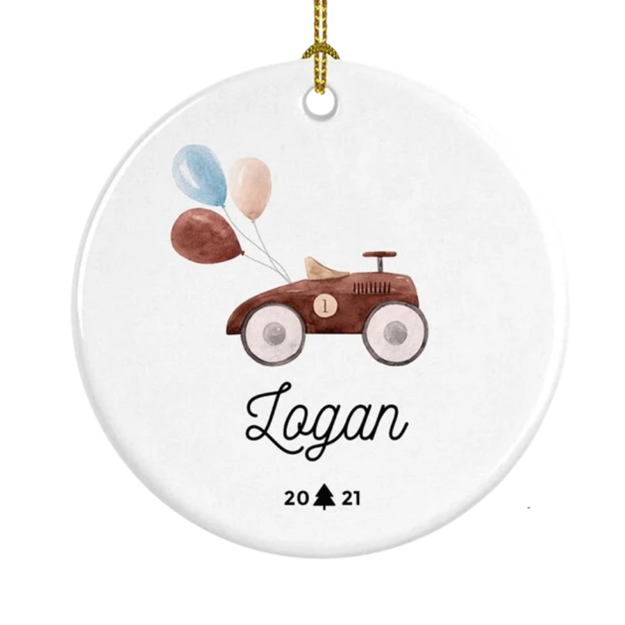 Personalised Baby's First Christmas Vintage Car With Balloons Ceramic Ornament Gift For Home Decoration Circle Heart Oval Star Shape
