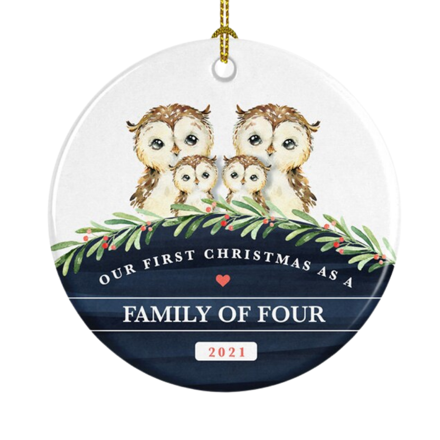 Personalised First Christmas As A Family Of Four Owl Family Ceramic Ornament Gift For Home Decoration Circle Heart Oval Star Shape