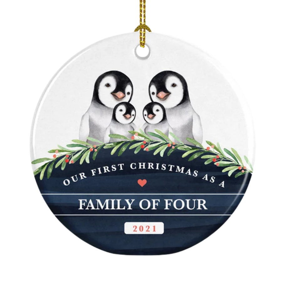 Personalised First Christmas As A Family Of Four Penguin Ceramic Ornament Gift For Home Decoration Circle Heart Oval Star Shape