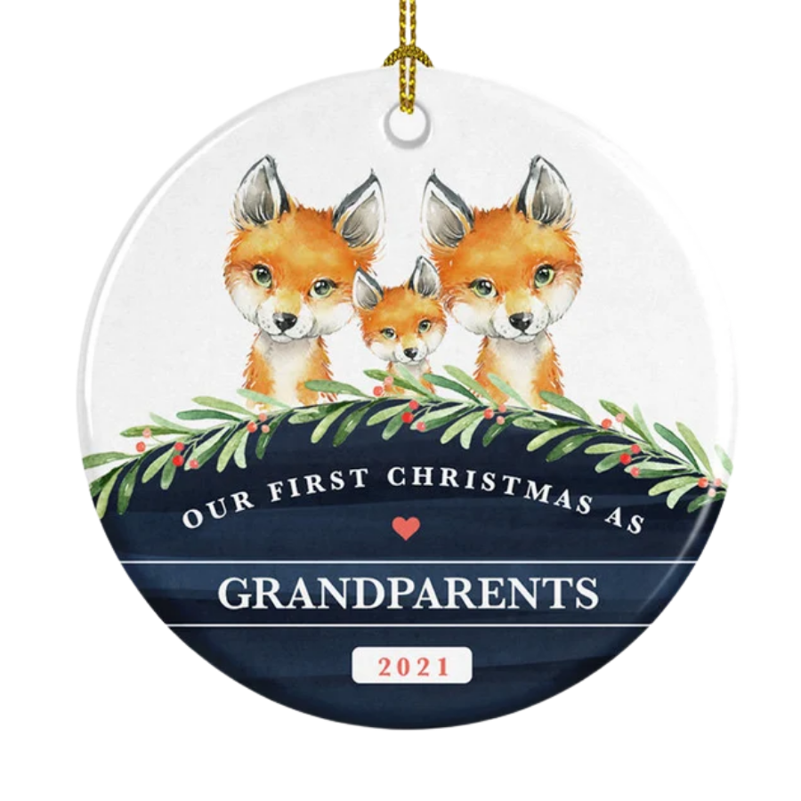 Personalised First Christmas As A Family Of Grandparents Fox Ceramic Ornament Gift For Home Decoration Circle Heart Oval Star Shape