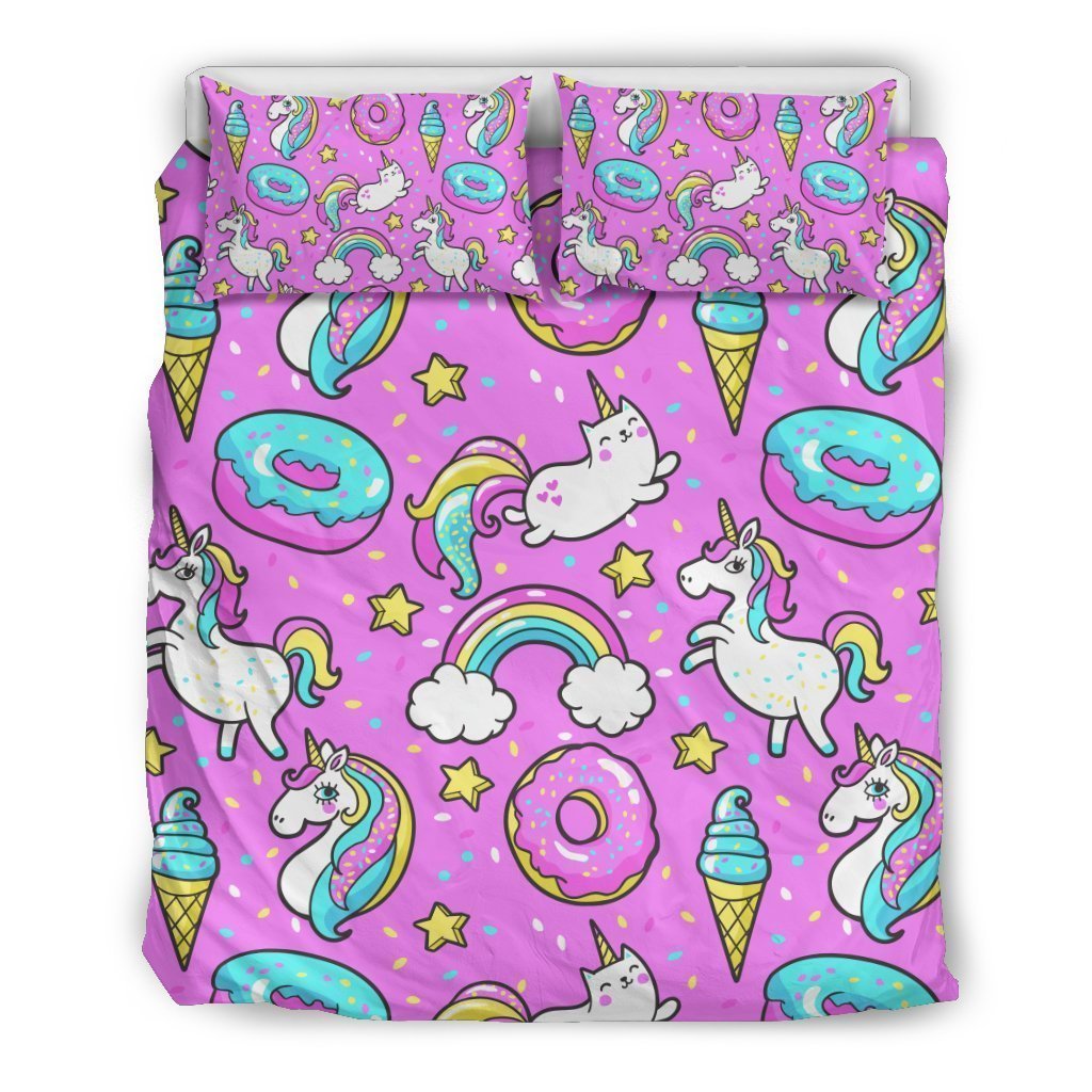 Pink Girly Unicorn Donut Pattern Bedding Comforter Set For Bedroom