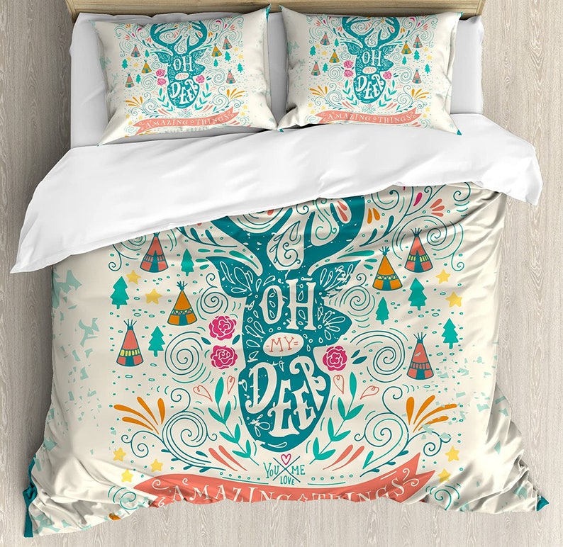 Reindeer With Tribal Element And Flowers Motivational Bedding Comforter Set For Bedroom