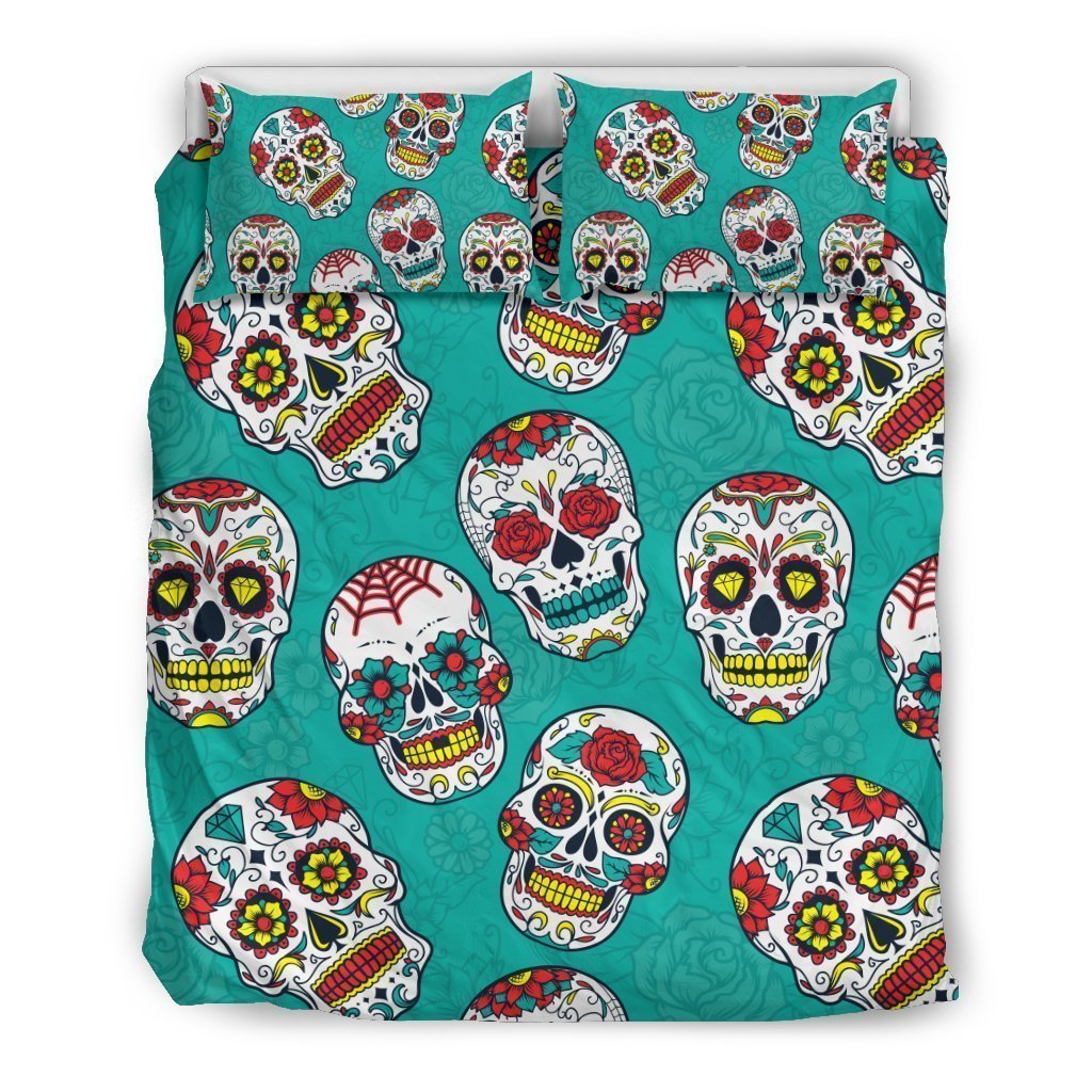 Teal Sugar Skull Pattern Bedding Comforter Set For Bedroom