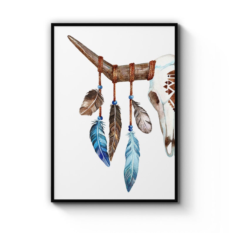 Tribal Ram Skull With Feathers Painting Nursery Animal Poster Prints Wall Art Gift For Home Decoration 12x18 16x24 20x30 24x36 Inches