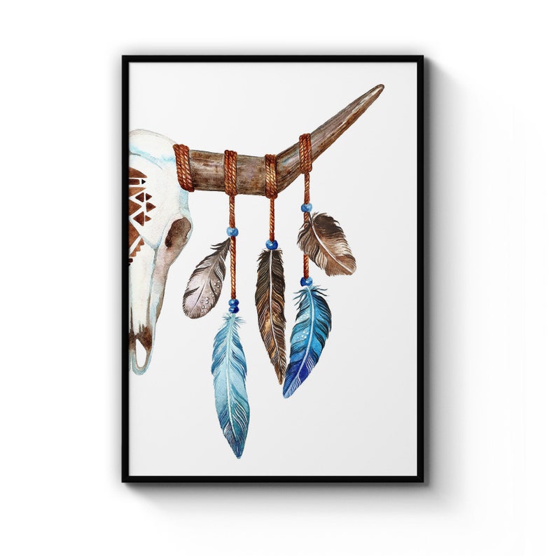 Tribal Ram Skull With Feathers Painting Nursery Animal Poster Prints Wall Art Gift For Home Decoration 12x18 16x24 20x30 24x36 Inches