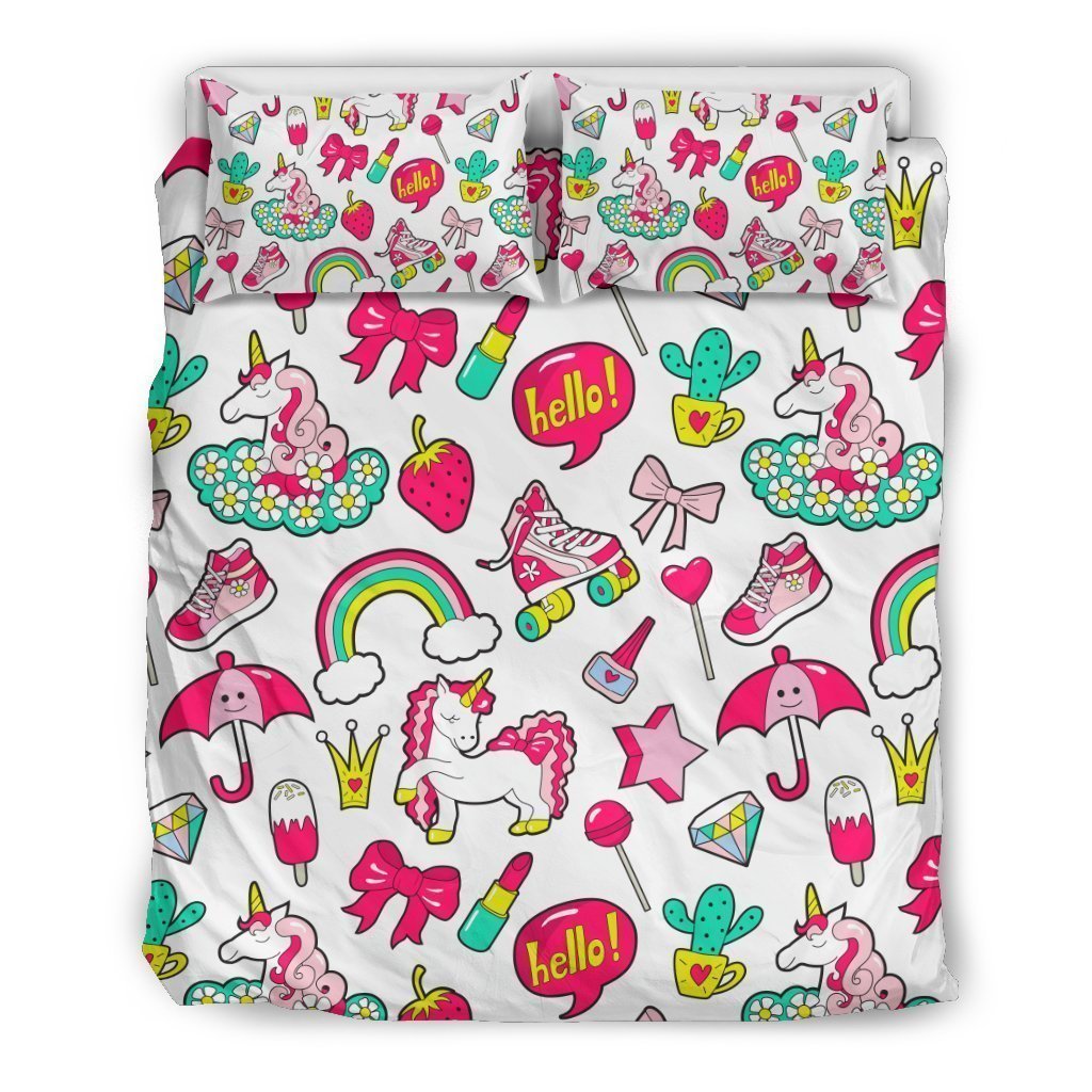 White Girly Unicorn Pattern Bedding Comforter Set For Bedroom