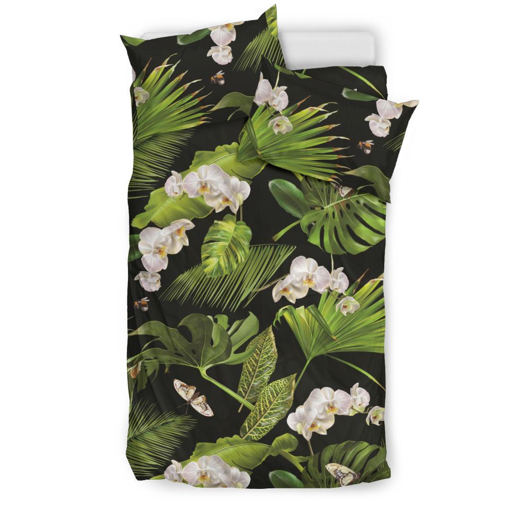 White Orchid Flower Tropical Leaves Pattern Blackground Bedding Comforter Set
