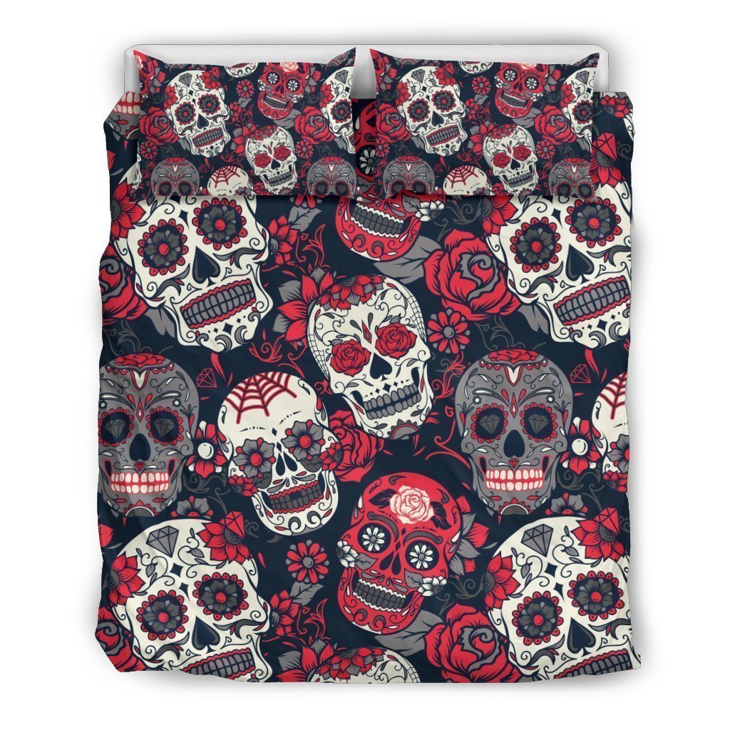 White Red Sugar Skull Pattern Bedding Comforter Set For Bedroom